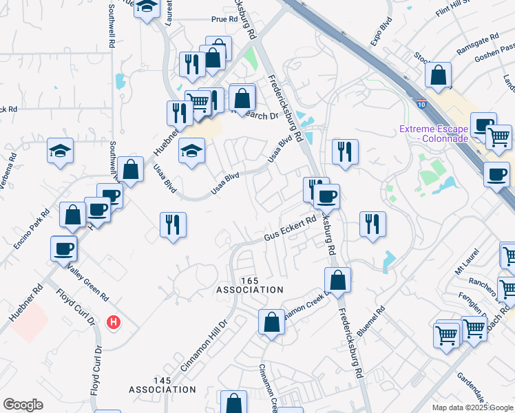 map of restaurants, bars, coffee shops, grocery stores, and more near 9711 Via Belcara in San Antonio