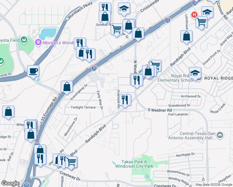 map of restaurants, bars, coffee shops, grocery stores, and more near 235 Overlook Road in San Antonio