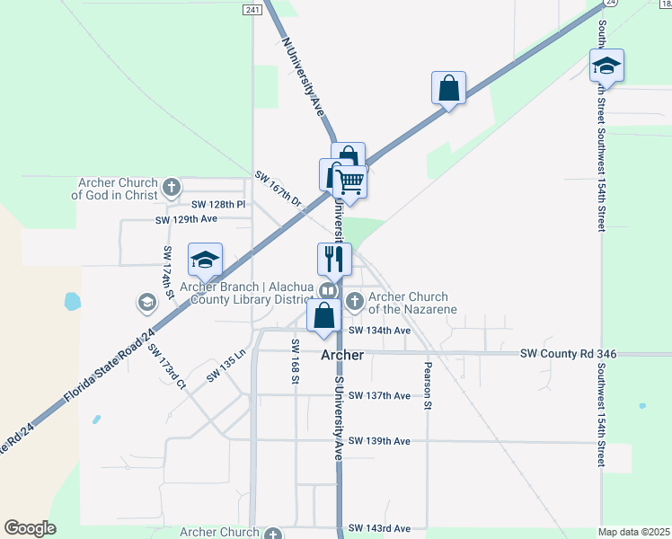 map of restaurants, bars, coffee shops, grocery stores, and more near 306 North University Avenue in Archer