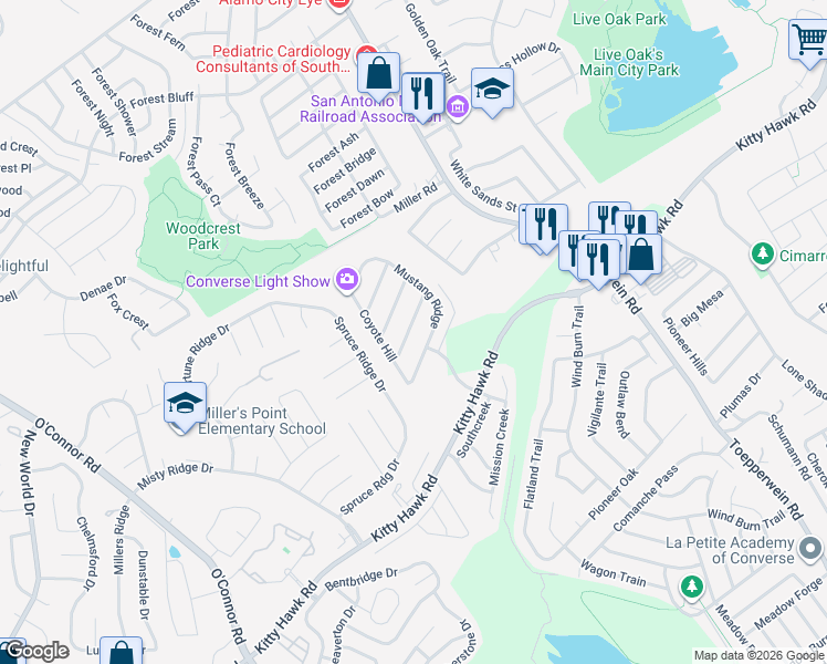 map of restaurants, bars, coffee shops, grocery stores, and more near 7430 Sutters Mine in Converse