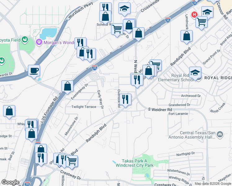 map of restaurants, bars, coffee shops, grocery stores, and more near 235 Overlook Road in San Antonio