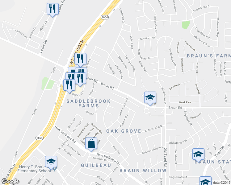 map of restaurants, bars, coffee shops, grocery stores, and more near 9842 Charline Lane in San Antonio