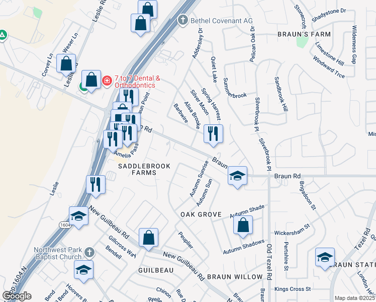 map of restaurants, bars, coffee shops, grocery stores, and more near 9842 Charline Lane in San Antonio