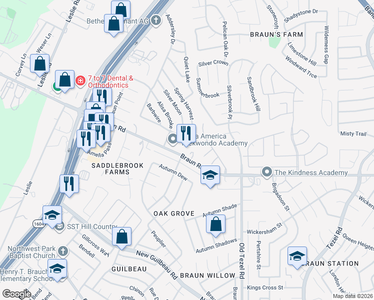 map of restaurants, bars, coffee shops, grocery stores, and more near 9599 Braun Road in San Antonio