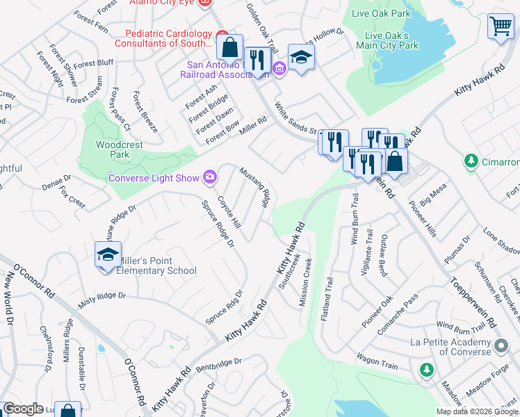 map of restaurants, bars, coffee shops, grocery stores, and more near 7430 Sutters Mine in Converse