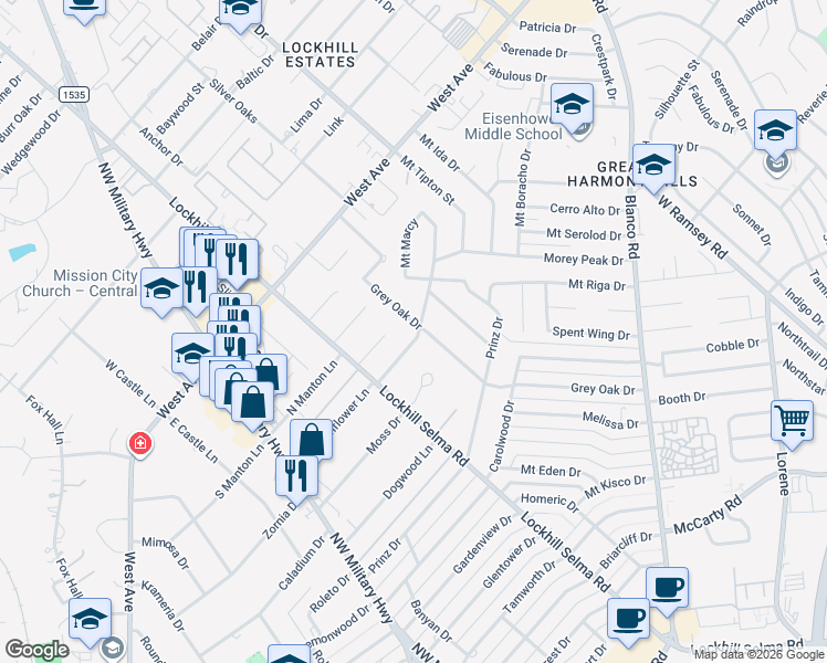 map of restaurants, bars, coffee shops, grocery stores, and more near 10122 Iron Oak Lane in San Antonio