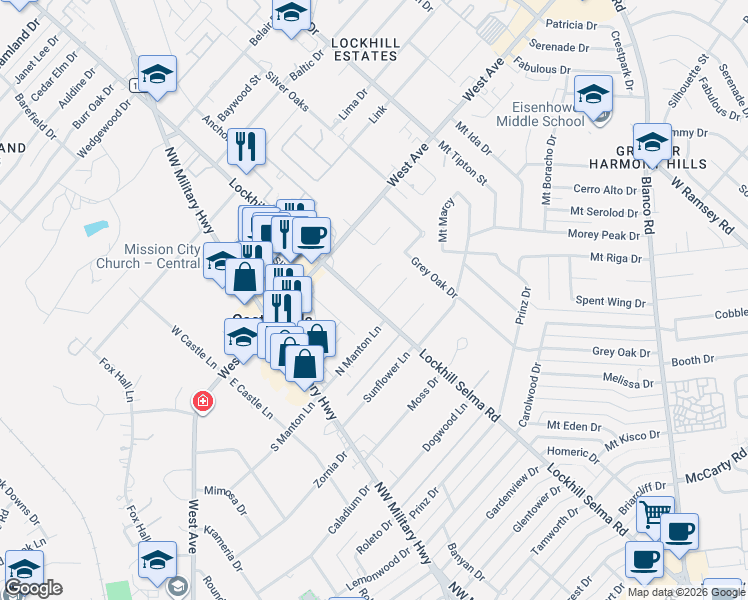 map of restaurants, bars, coffee shops, grocery stores, and more near 10101 North Manton Lane in San Antonio