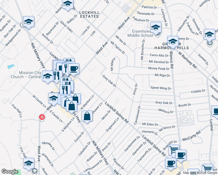 map of restaurants, bars, coffee shops, grocery stores, and more near 10122 Iron Oak Lane in San Antonio