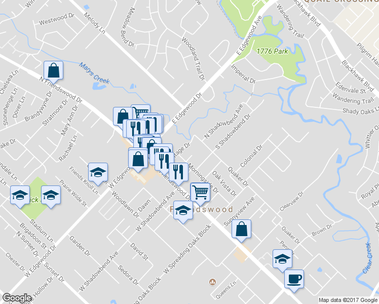 map of restaurants, bars, coffee shops, grocery stores, and more near 208 Shady Nook Lane in Friendswood