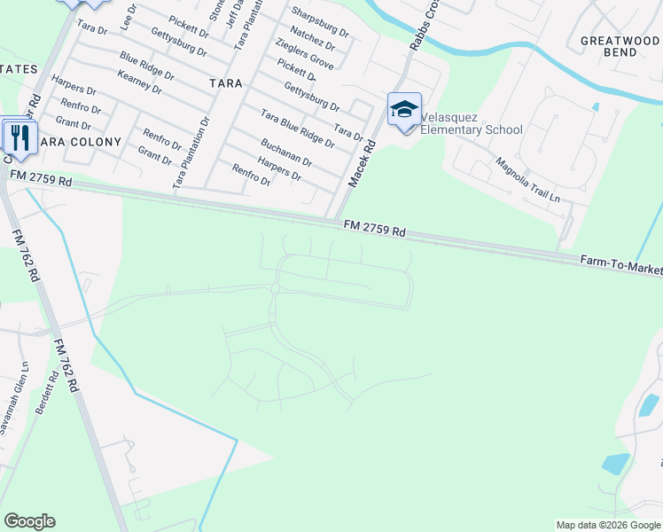 map of restaurants, bars, coffee shops, grocery stores, and more near 7500-7660 Farm-To-Market 2759 in Richmond
