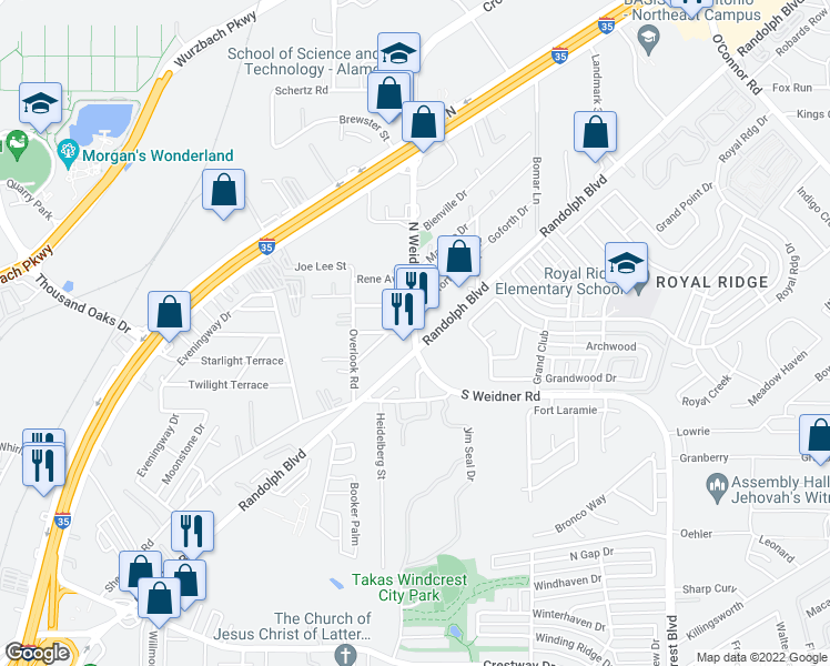 map of restaurants, bars, coffee shops, grocery stores, and more near N Weidner Rd & Suddith Dr in San Antonio