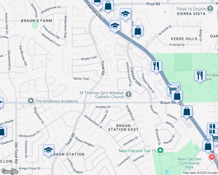 map of restaurants, bars, coffee shops, grocery stores, and more near 8706 Rustling Breeze in San Antonio