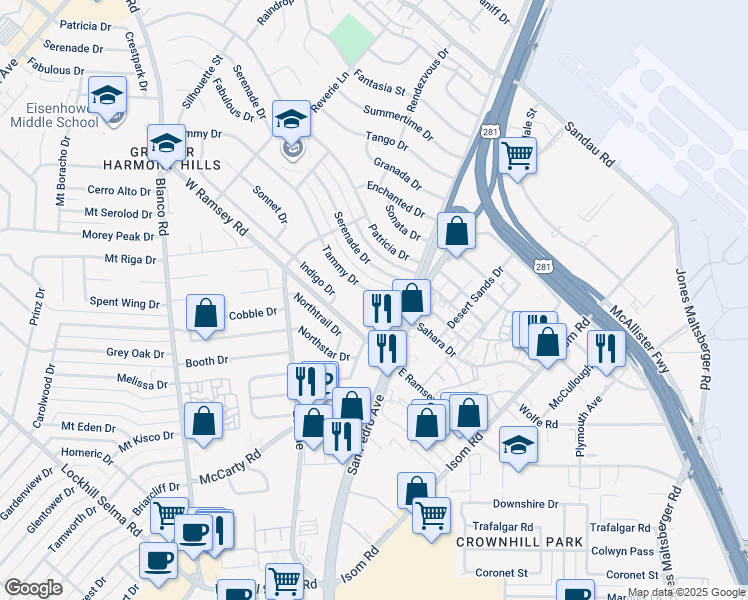 map of restaurants, bars, coffee shops, grocery stores, and more near 222 Tammy Drive in San Antonio