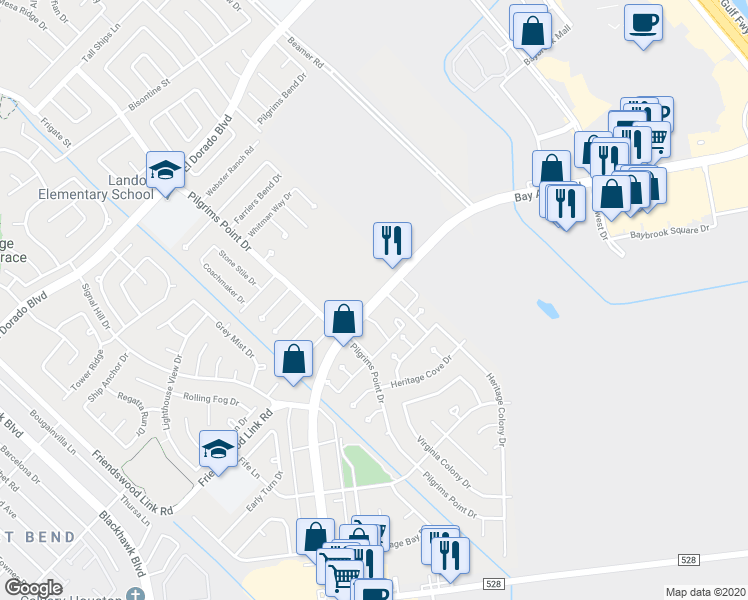 map of restaurants, bars, coffee shops, grocery stores, and more near 2332 Bay Area Boulevard in Friendswood