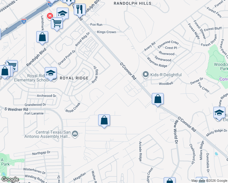 map of restaurants, bars, coffee shops, grocery stores, and more near 6402 Ithaca Falls in San Antonio