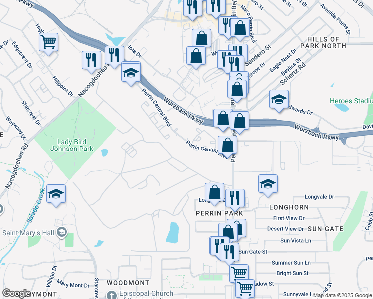 map of restaurants, bars, coffee shops, grocery stores, and more near 3902 Perrin Central Boulevard in San Antonio