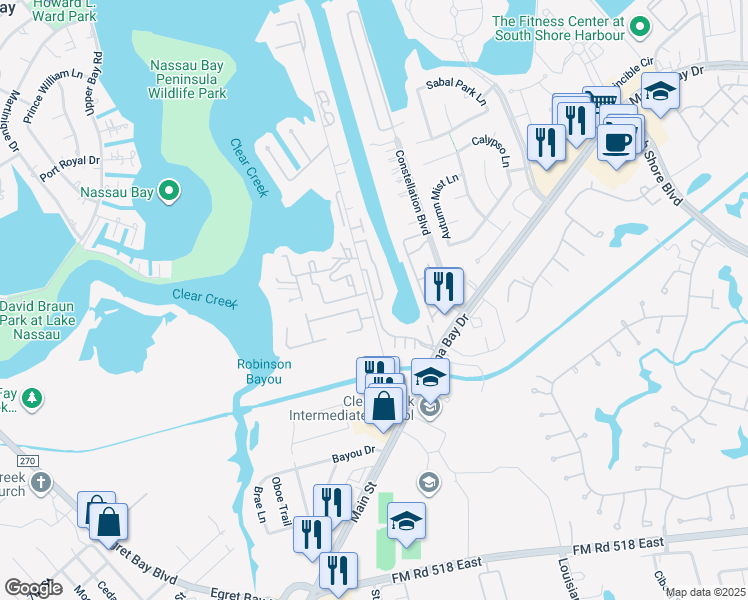 map of restaurants, bars, coffee shops, grocery stores, and more near 2 Signature Point Drive in League City