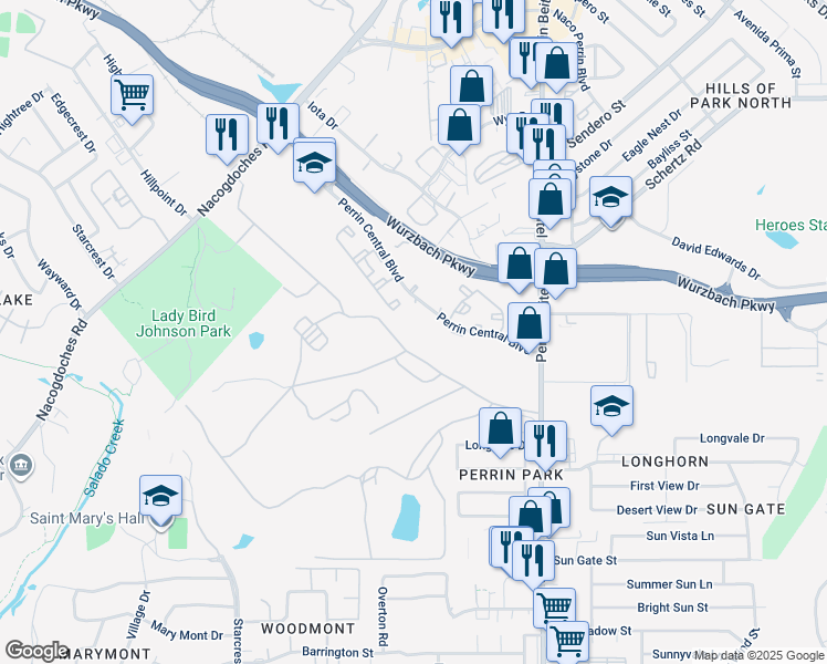 map of restaurants, bars, coffee shops, grocery stores, and more near 3902 Perrin Central Boulevard in San Antonio