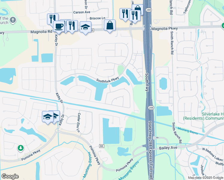 map of restaurants, bars, coffee shops, grocery stores, and more near 3011 Longhorn Cir in Manvel