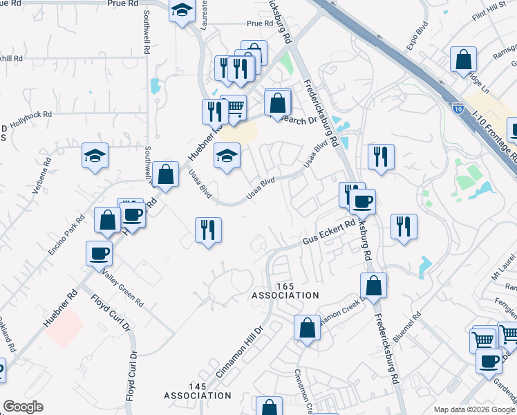 map of restaurants, bars, coffee shops, grocery stores, and more near 4980 Usaa Boulevard in San Antonio