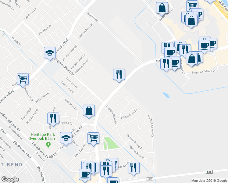 map of restaurants, bars, coffee shops, grocery stores, and more near 2320 Bay Area Boulevard in Friendswood