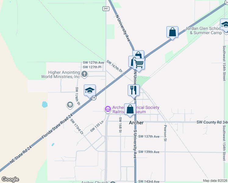 map of restaurants, bars, coffee shops, grocery stores, and more near 13095 Southwest 170th Street in Archer