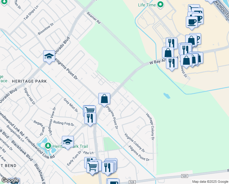 map of restaurants, bars, coffee shops, grocery stores, and more near 2328 Bay Area Boulevard in Friendswood