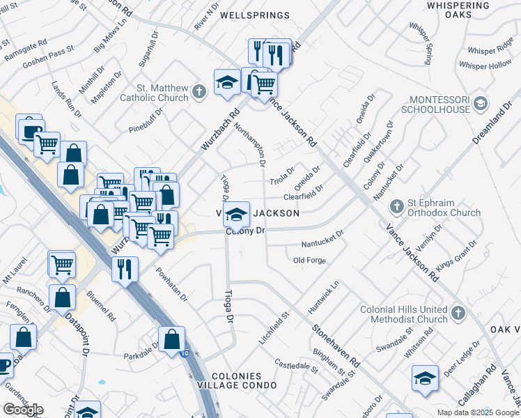 map of restaurants, bars, coffee shops, grocery stores, and more near 10115 Northampton Drive in San Antonio