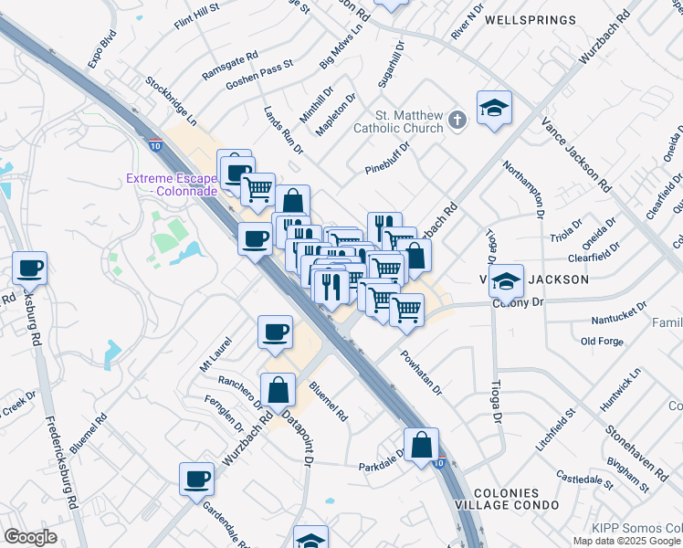 map of restaurants, bars, coffee shops, grocery stores, and more near 9901 Interstate 10 in San Antonio