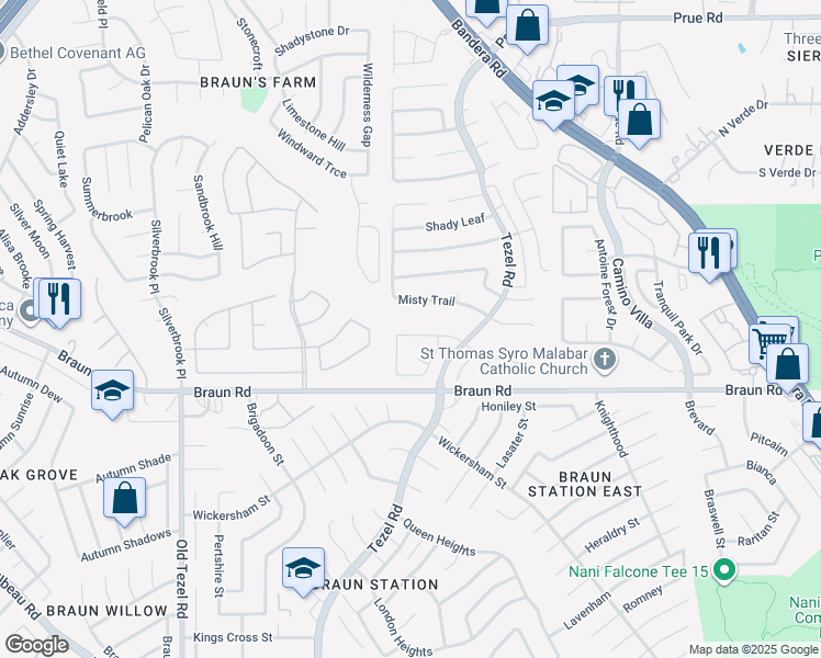 map of restaurants, bars, coffee shops, grocery stores, and more near 8922 Breanna Oaks in San Antonio