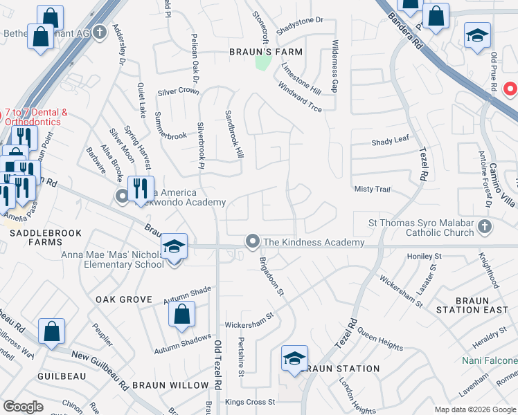 map of restaurants, bars, coffee shops, grocery stores, and more near 8 Andover Creek Drive in San Antonio