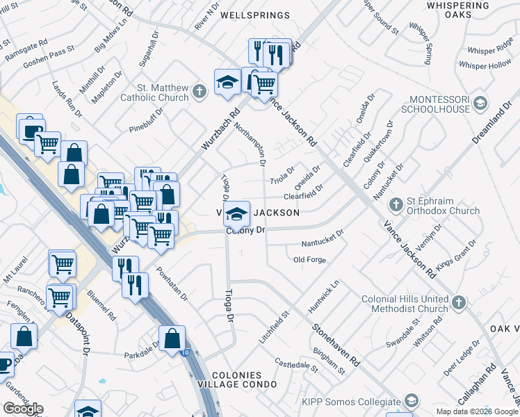map of restaurants, bars, coffee shops, grocery stores, and more near 10115 Northampton Drive in San Antonio