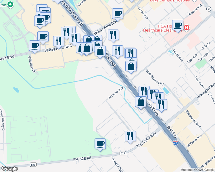 map of restaurants, bars, coffee shops, grocery stores, and more near 1310 Jasmine Avenue in Webster
