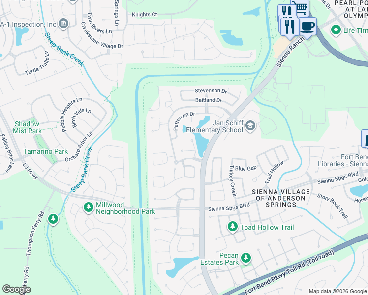 map of restaurants, bars, coffee shops, grocery stores, and more near 7102 Wandering Lake Lane in Missouri City