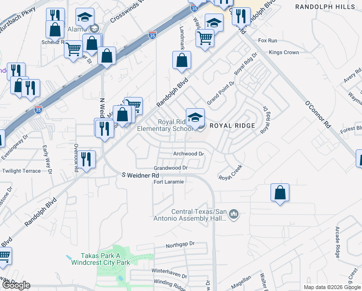 map of restaurants, bars, coffee shops, grocery stores, and more near 5827 Archwood in San Antonio