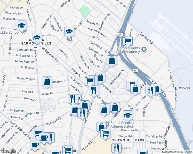 map of restaurants, bars, coffee shops, grocery stores, and more near 203 Tammy Drive in San Antonio