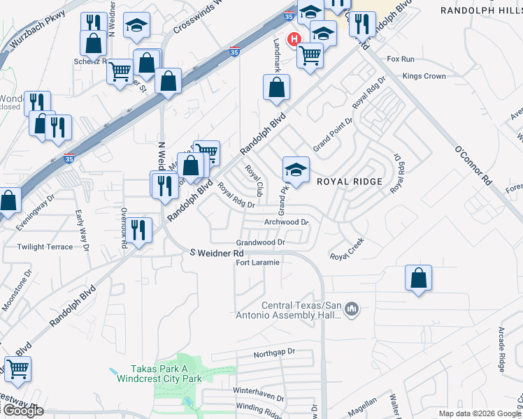 map of restaurants, bars, coffee shops, grocery stores, and more near 5827 Archwood in San Antonio