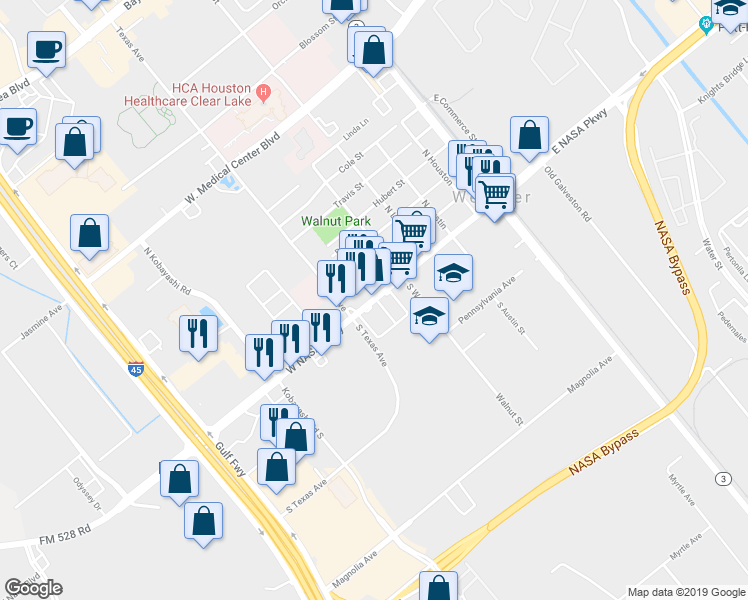 map of restaurants, bars, coffee shops, grocery stores, and more near 536 West Nasa Parkway in Webster