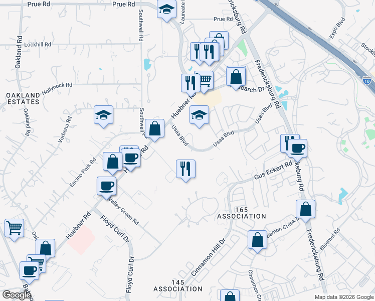 map of restaurants, bars, coffee shops, grocery stores, and more near 5100 USAA Boulevard in San Antonio