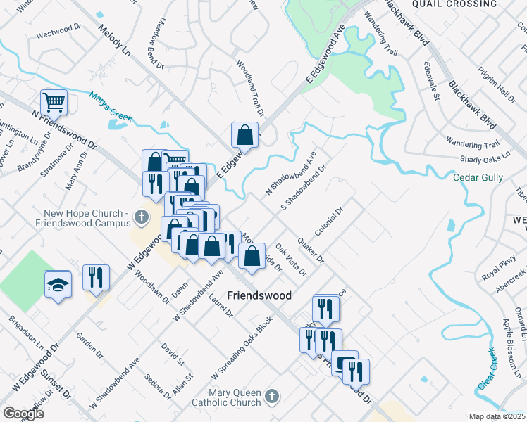 map of restaurants, bars, coffee shops, grocery stores, and more near 222 Quaker Drive in Friendswood