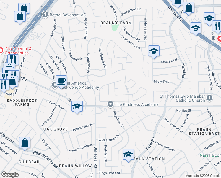map of restaurants, bars, coffee shops, grocery stores, and more near 8 Andover Creek Drive in San Antonio