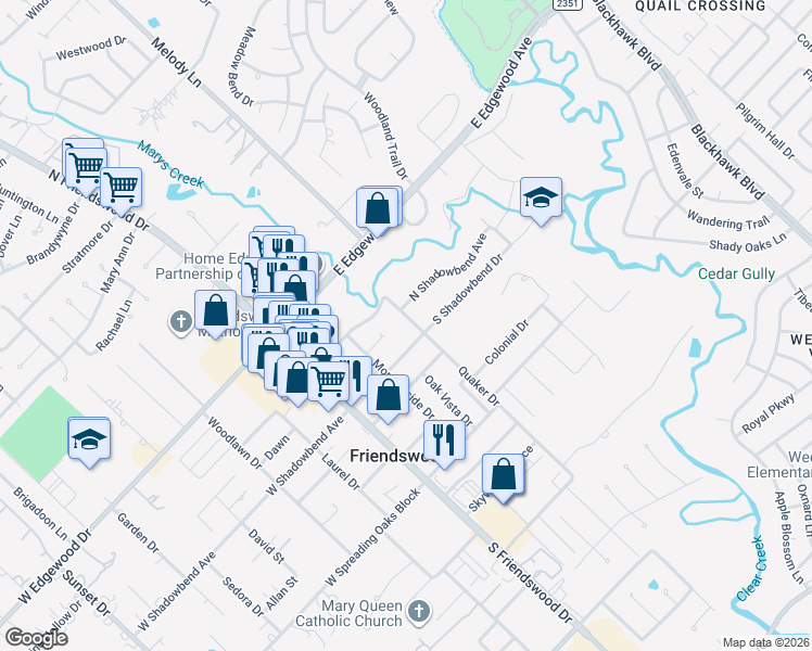 map of restaurants, bars, coffee shops, grocery stores, and more near 212 Quaker Drive in Friendswood