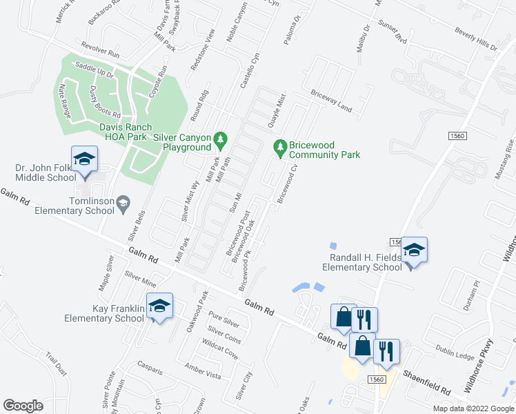 map of restaurants, bars, coffee shops, grocery stores, and more near 9830 Bricewood Oak in San Antonio