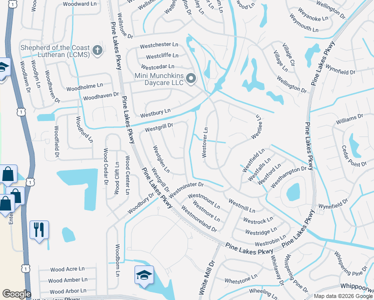 map of restaurants, bars, coffee shops, grocery stores, and more near 170 Westgrill Drive in Palm Coast