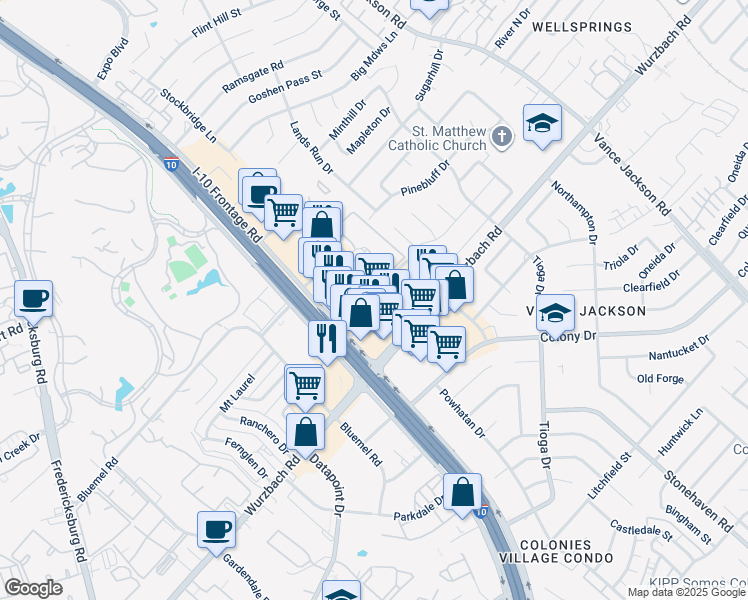 map of restaurants, bars, coffee shops, grocery stores, and more near 9901 Interstate 10 in San Antonio