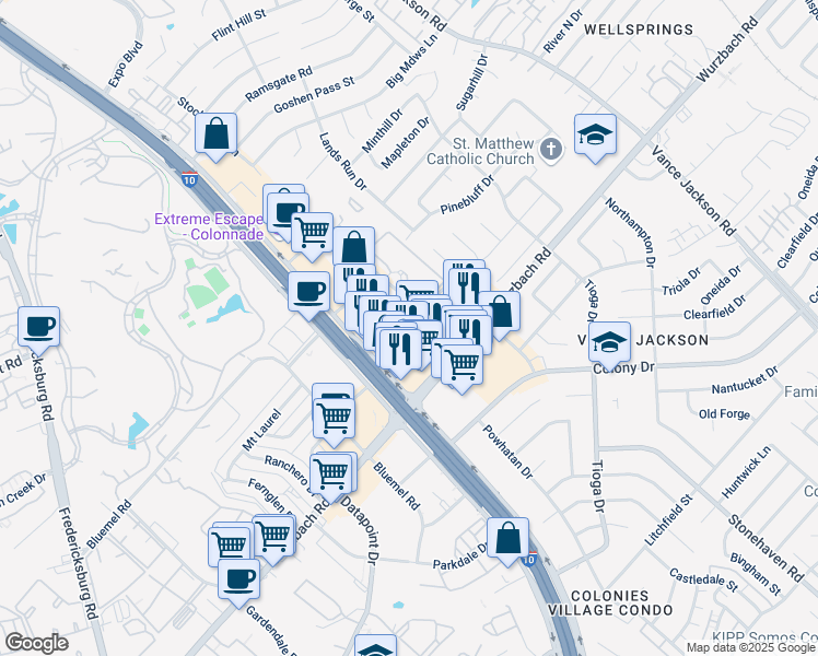 map of restaurants, bars, coffee shops, grocery stores, and more near 9901 Interstate 10 in San Antonio