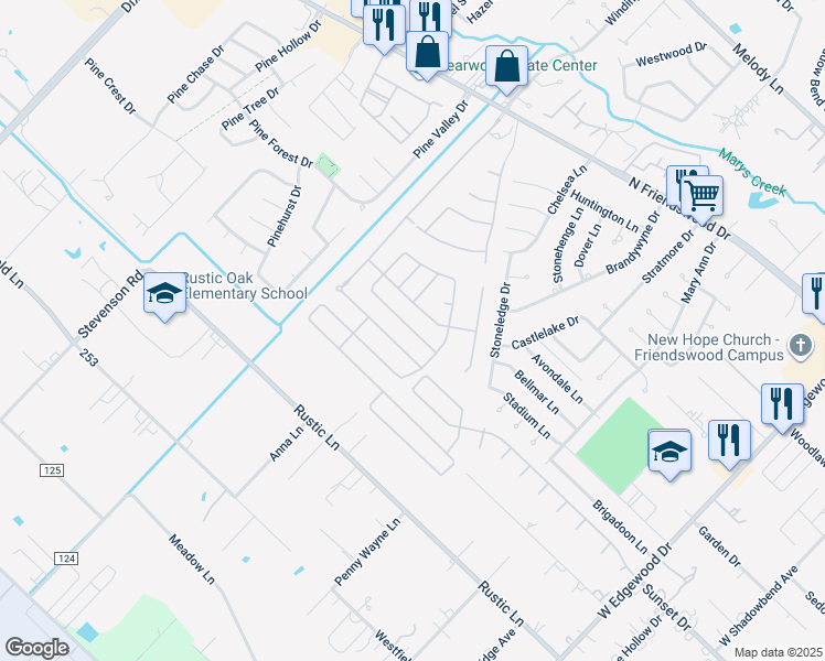 map of restaurants, bars, coffee shops, grocery stores, and more near Lake Shore Drive in Pearland