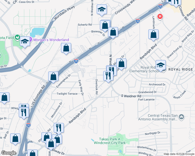 map of restaurants, bars, coffee shops, grocery stores, and more near 235 Overlook Road in San Antonio