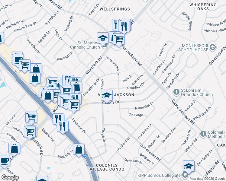 map of restaurants, bars, coffee shops, grocery stores, and more near 10115 Northampton Drive in San Antonio