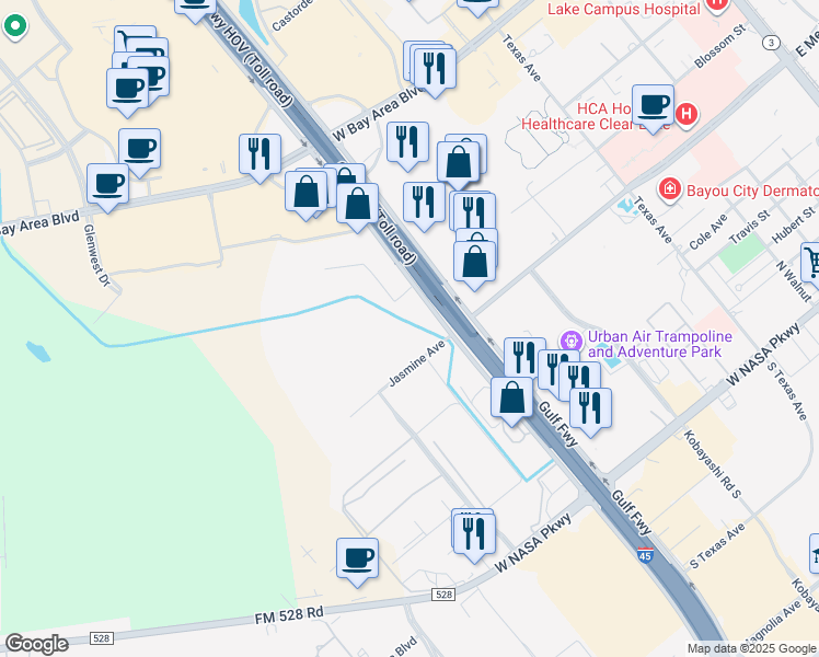 map of restaurants, bars, coffee shops, grocery stores, and more near 1310 Jasmine Avenue in Webster
